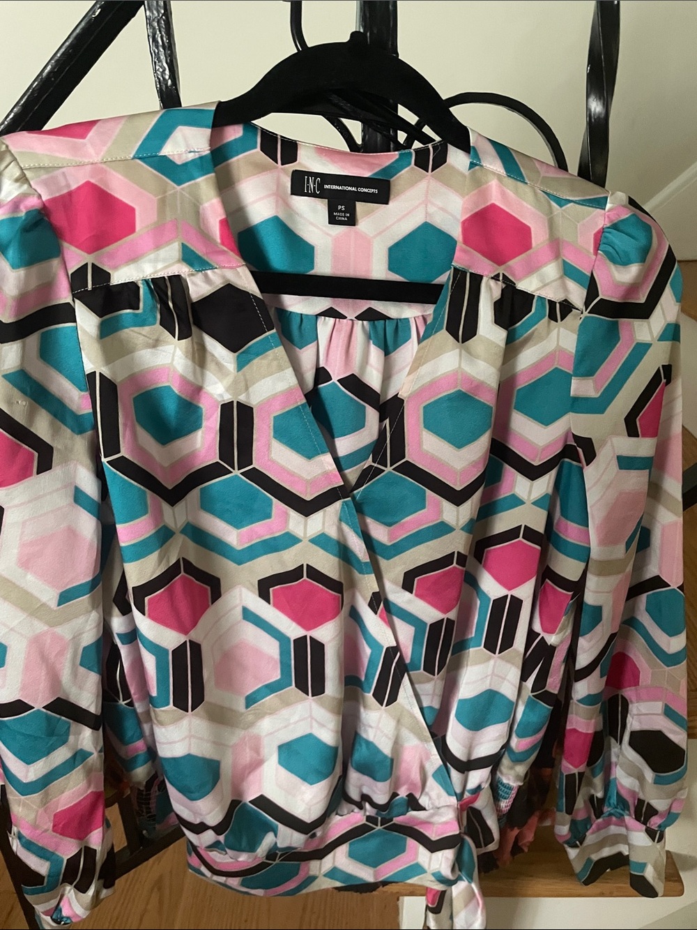 INC International Concepts Geometric Hex Print Blouse - Teal, Pink, Black